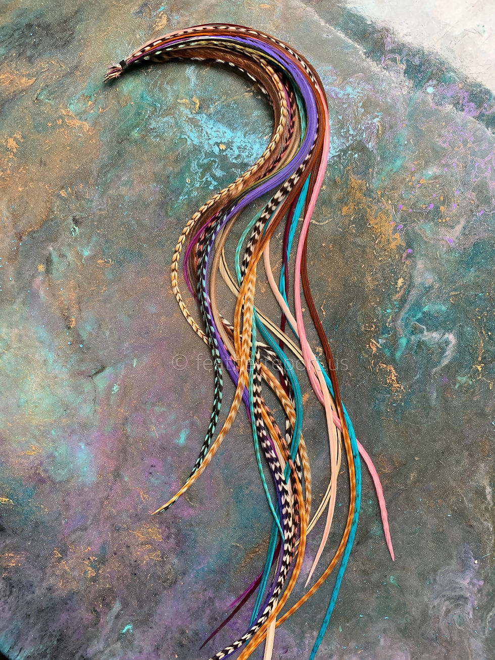 Thumbnail: Barred Ginger Grizzly Teal Purple Natural Feather Extensions Hair Feathers XXL