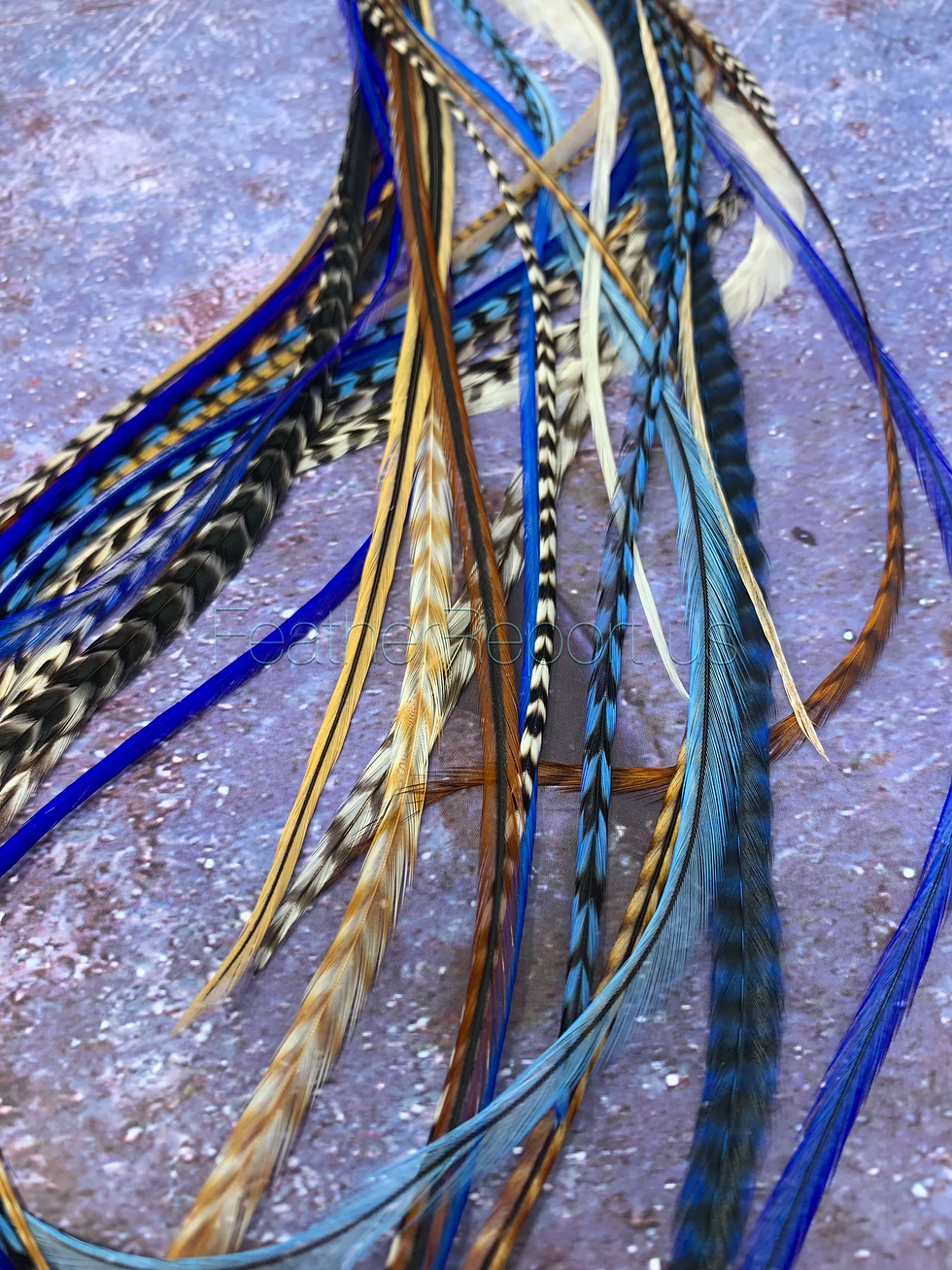Thumbnail: Bulk Hair Feather Extensions Blue and Natural 30 pack