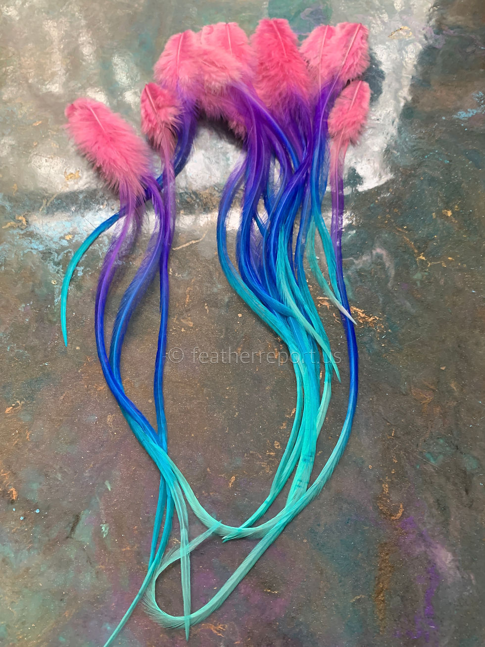 Thumbnail: Craft Feathers Rainbow Rooster Saddle Pink Aqua Purple 20 8-14”