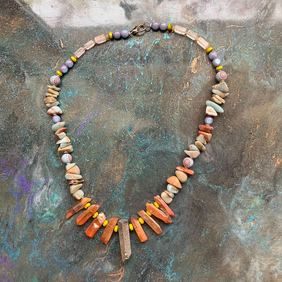 Thumbnail: Bohemian Beaded Necklace Turquoise Pyrite Multicolor Hippy Jewelry 17 and 1 half inches long handmade with lobster clasp