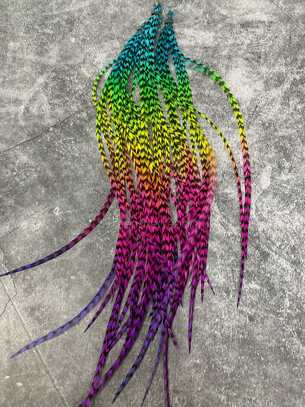 Thumbnail: Rainbow Grizzly Feather Hair Extensions Long 8-11” Length 10 pack