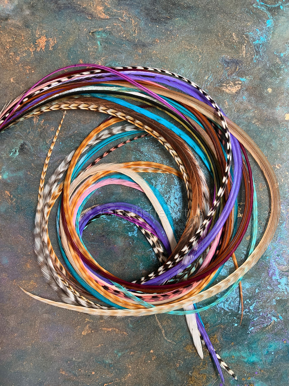 Thumbnail: Barred Ginger Grizzly Teal Purple Natural Feather Extensions Hair Feathers XXL