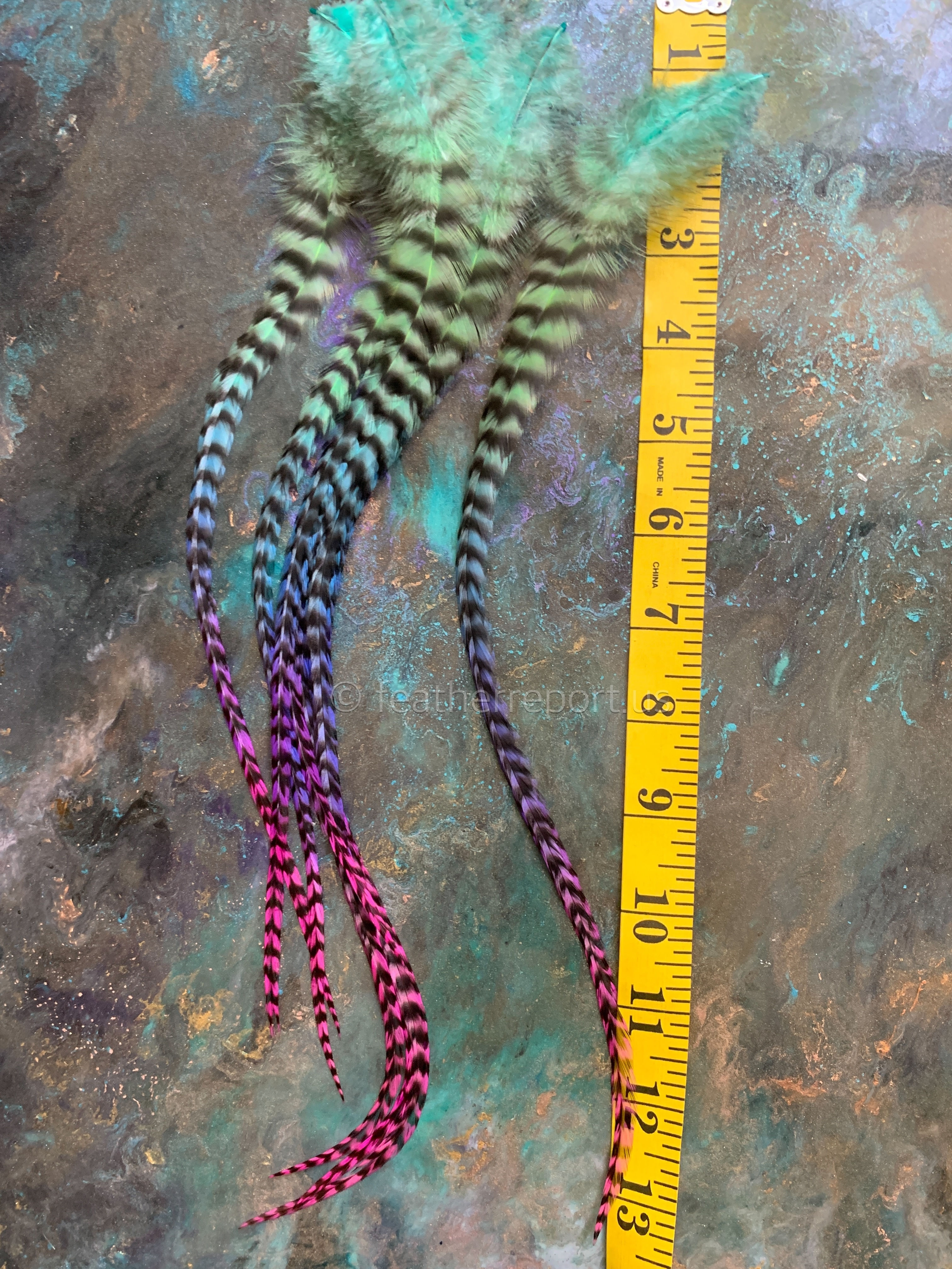 Super long grizzly wide loose feathers Aqua lime sky blue rainbow