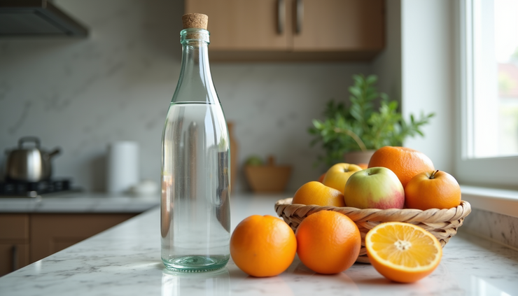 Close-up of a water bottle and fresh fruits on a kitchen counter