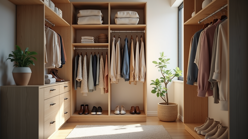 Eye-level view of a bright and organized closet with seasonal clothing