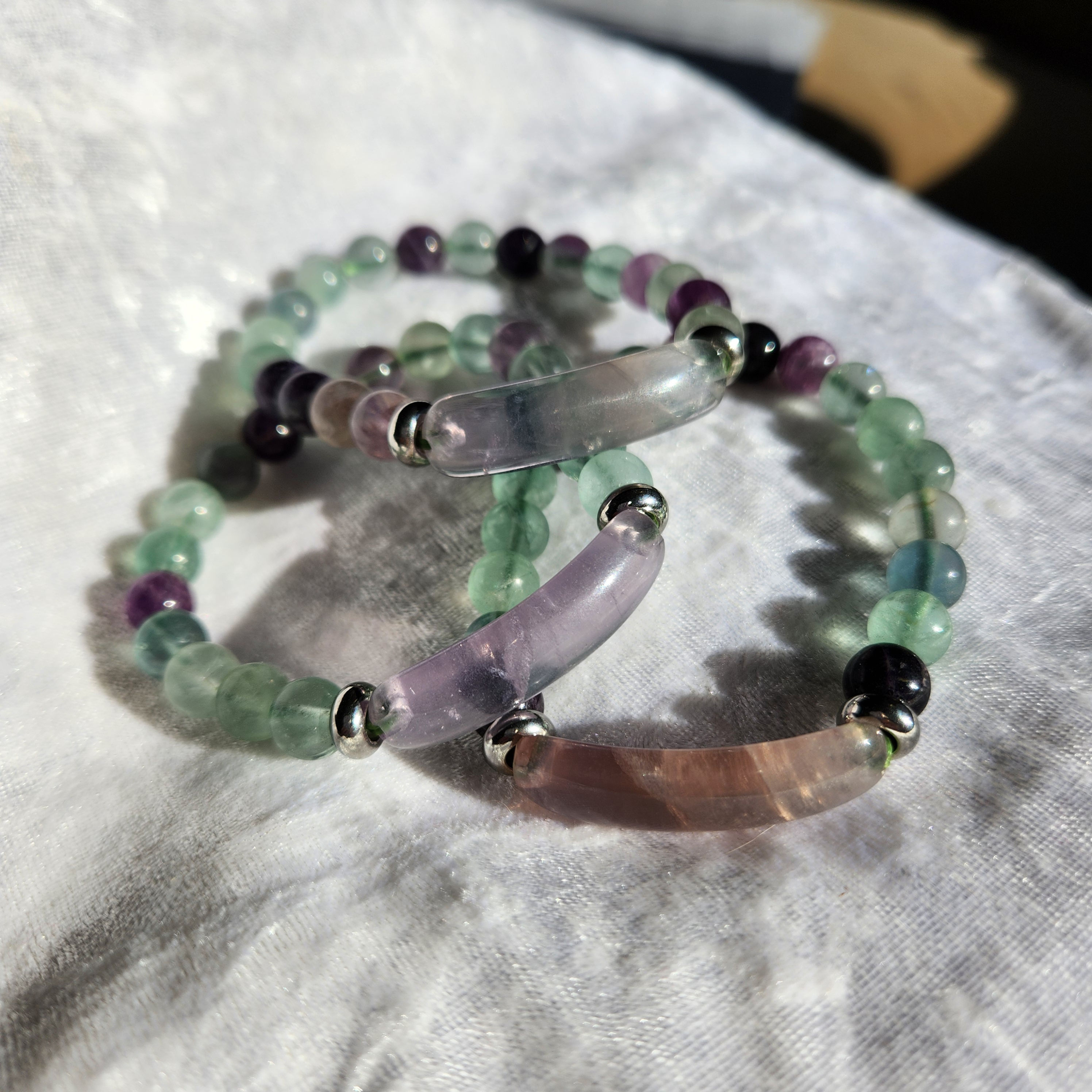 Rainbow Fluorite Bracelet w Elongated Center Bead 8mm Round Beads 6.5"