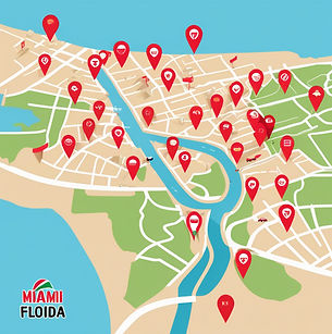 map of miami florida with red flags on the map, and small cars icon on the map.jpg
