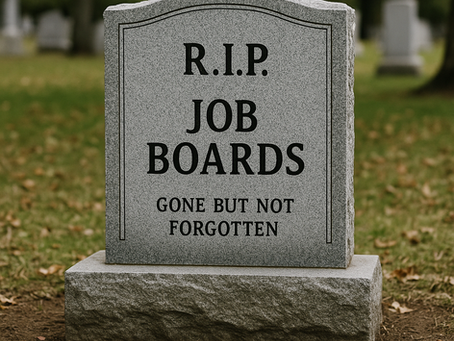A gray granite tombstone engraved with “R.I.P. Job Boards – Gone But Not Forgotten,” standing in a quiet cemetery surrounded by grass and trees, symbolizing the decline of traditional job boards in the age of AI recruiting.