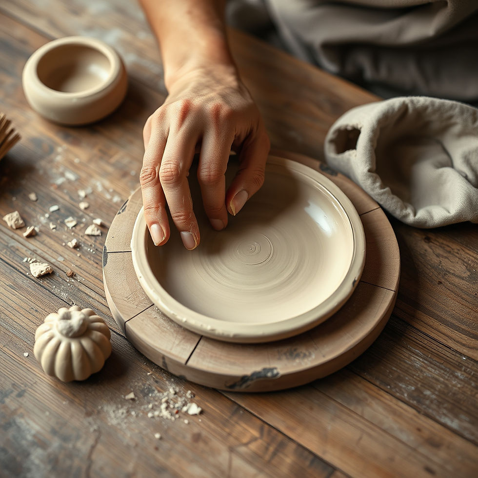 Close-up realistic photograph of hands sculpting a small ceramic plate from cream-coloured
