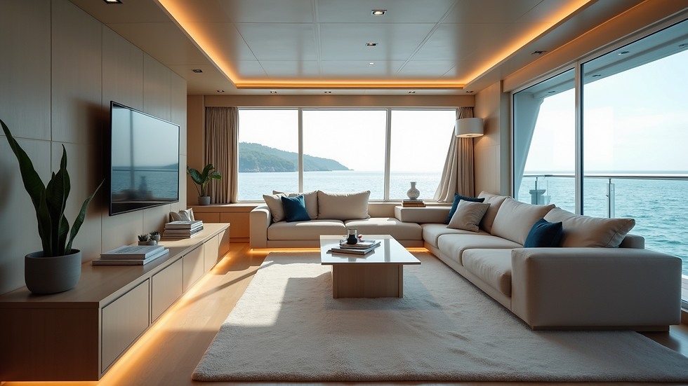 Close-up view of a modern yacht interior with panoramic windows and stylish furniture