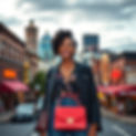 Smiling woman with red handbag on city street