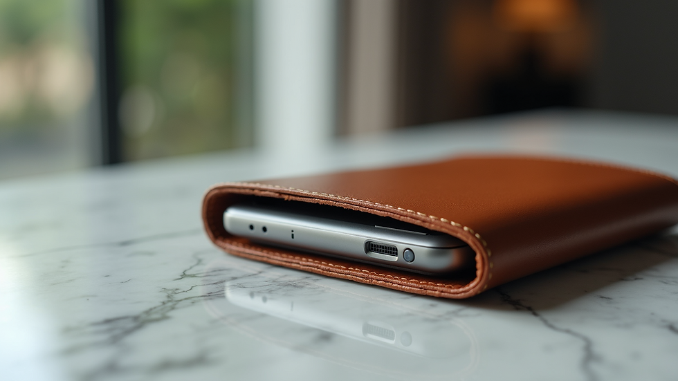 Eye-level view of a leather tech case on a marble table