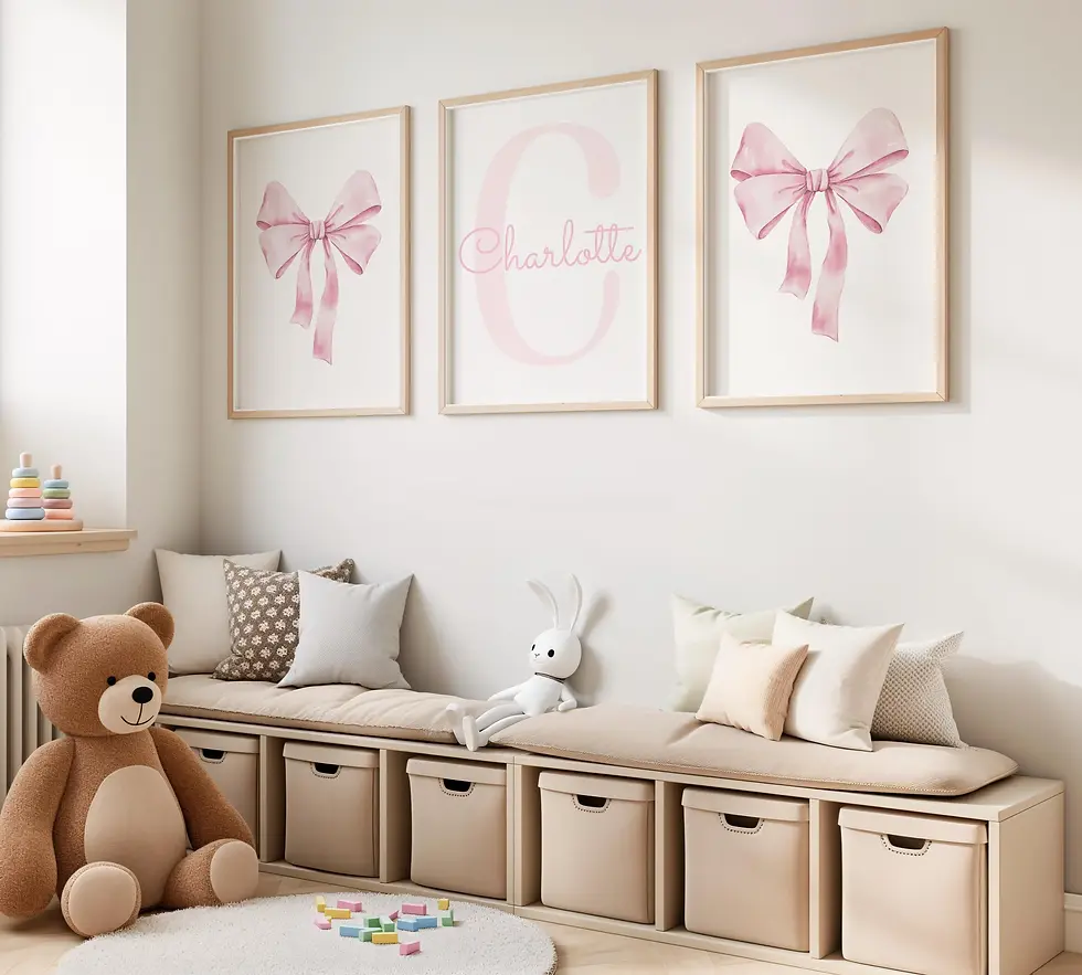 Thumbnail: Pink Bow Personalised Set Of 3 Nursery Prints For Baby Girls Room, Girl Bedroom 