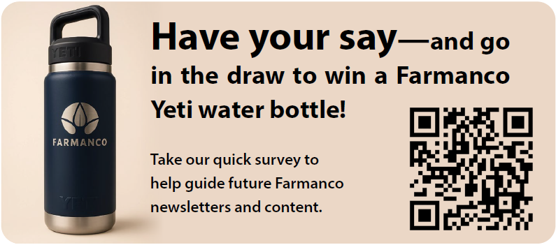 Farmanco Yeti bottle on beige background. Text: "Have your say" for a chance to win. Includes QR code for survey. Bold, promotional tone.