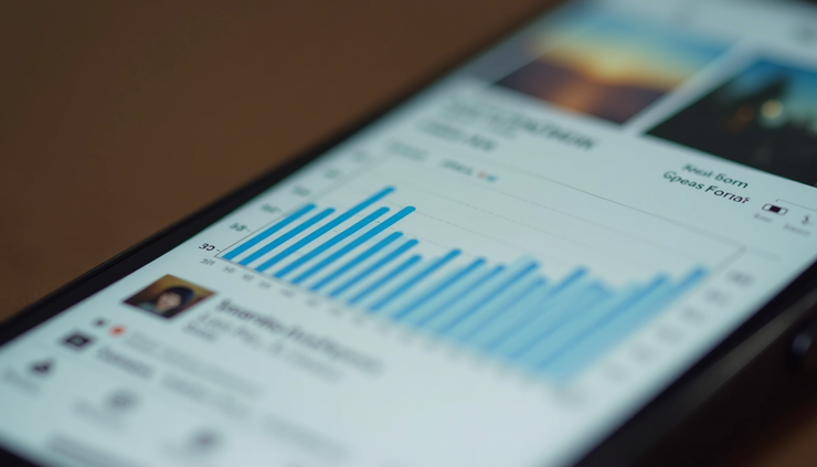 Eye-level view of a smartphone displaying Instagram analytics on screen