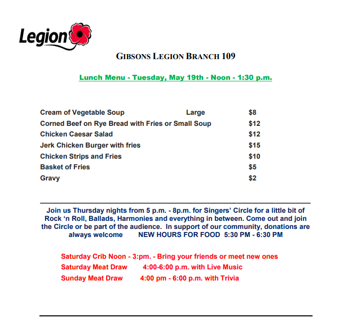 Weekly Menus - Tues Lunch - May 19th 2026