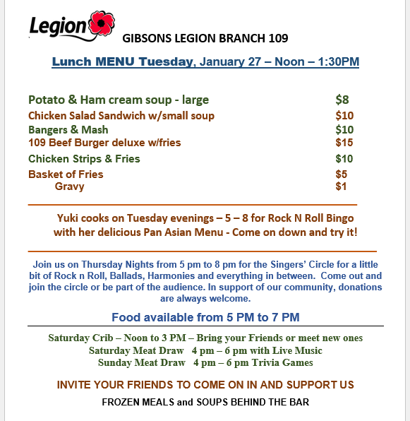 Weekly Menus - Thurs Evening Singer's Circle - Jan 29, 2026