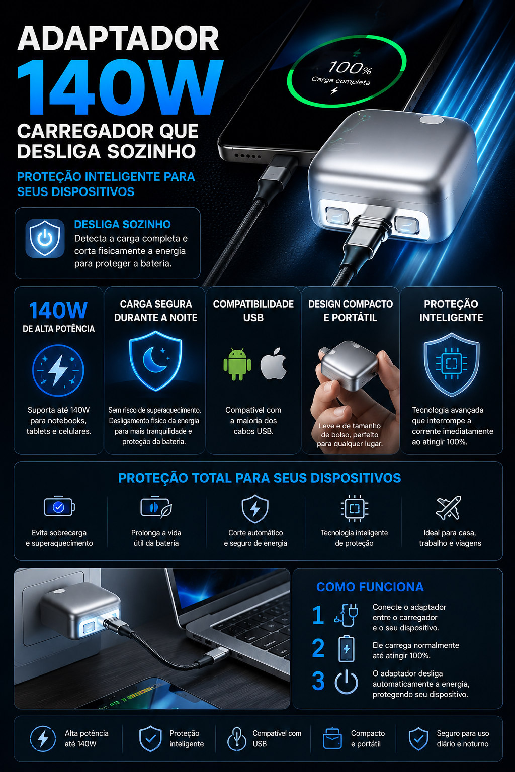 Adaptador 140w - Carregador desligamento automático