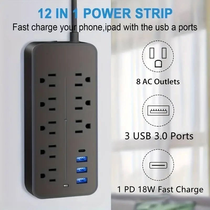 Miniatura: Power Strip Surge Protector - 8 Outlets, 3 USB Ports & 1 USB-C Port