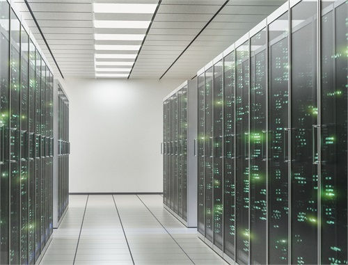 Rows of lit servers in a modern data center