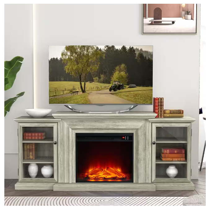 Thumbnail: 71 in. Vintage Wooden TV Stand with Electric Fireplace in Light Gray for TVs up