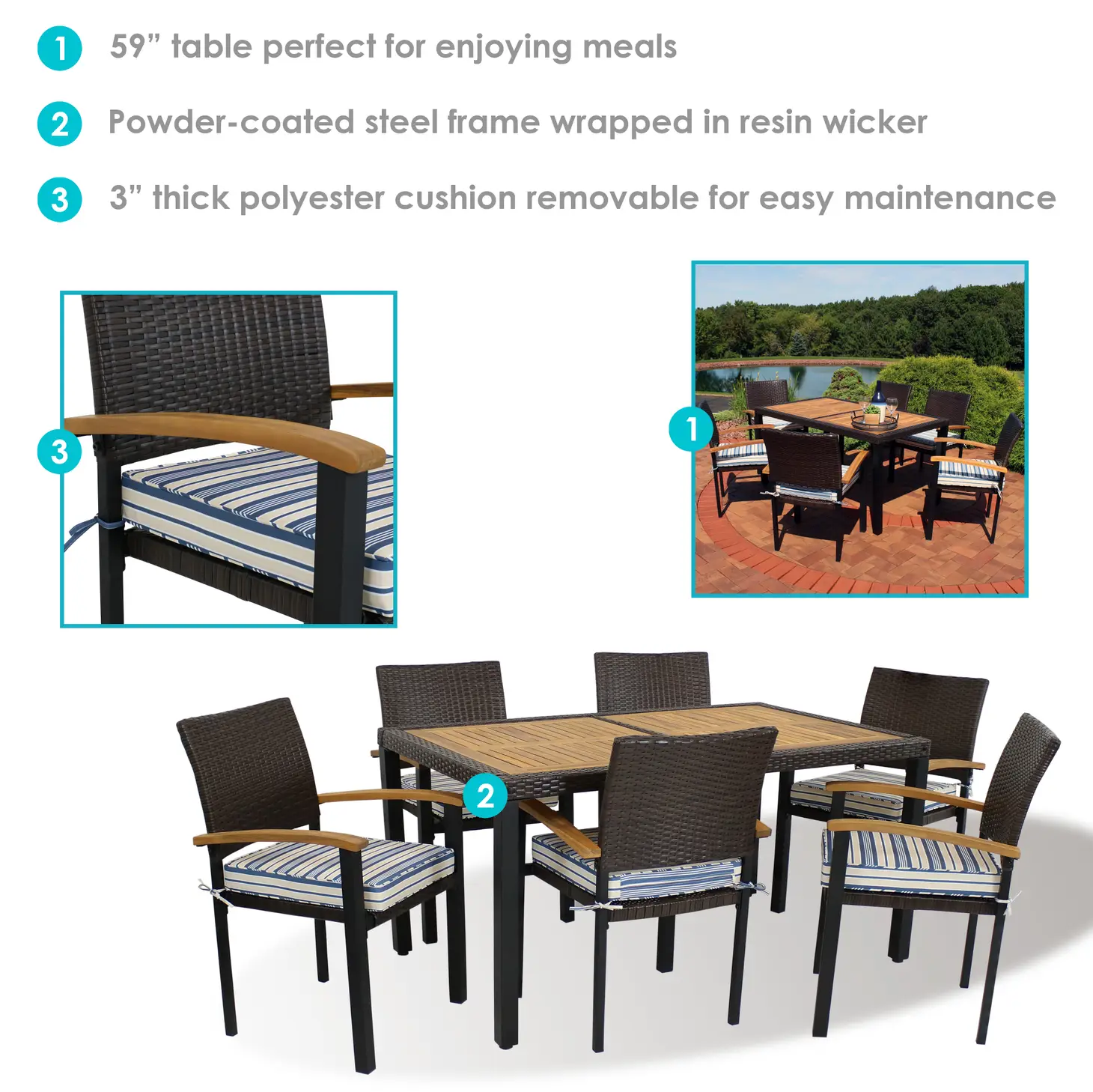 Carlow 7Piece Rattan/Acacia Patio Dining Set Brown/Blue H&H