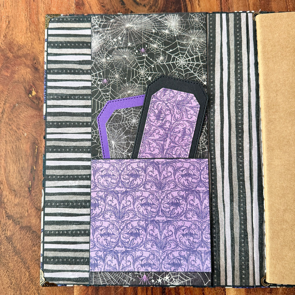 Thumbnail: Gothic skull and raven refillable notebook with pocket and tags in black and purple with spider web detail