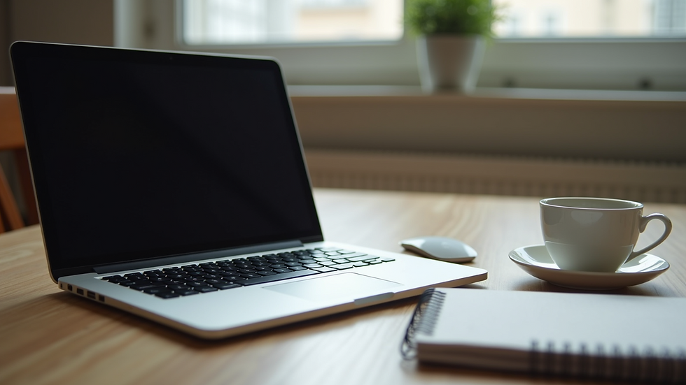 High angle view of a workspace with a laptop, notebook, and a cup of tea