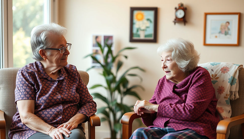 Eye-level view of a cozy living room with senior-friendly furniture