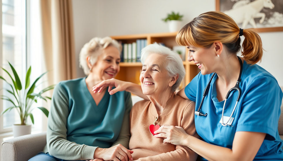 Eye-level view of a cozy senior living room with comfortable seating
