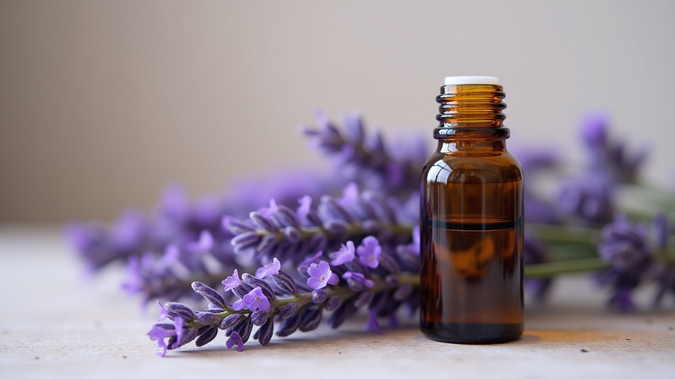 Close-up of a bottle of essential oil with lavender flowers