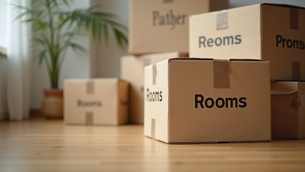 Close-up view of neatly packed moving boxes labeled for different rooms