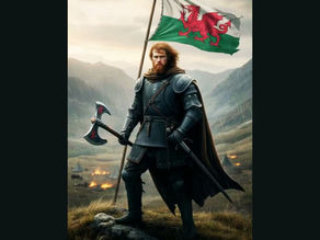 A soldier knight with the Wales flag behind him