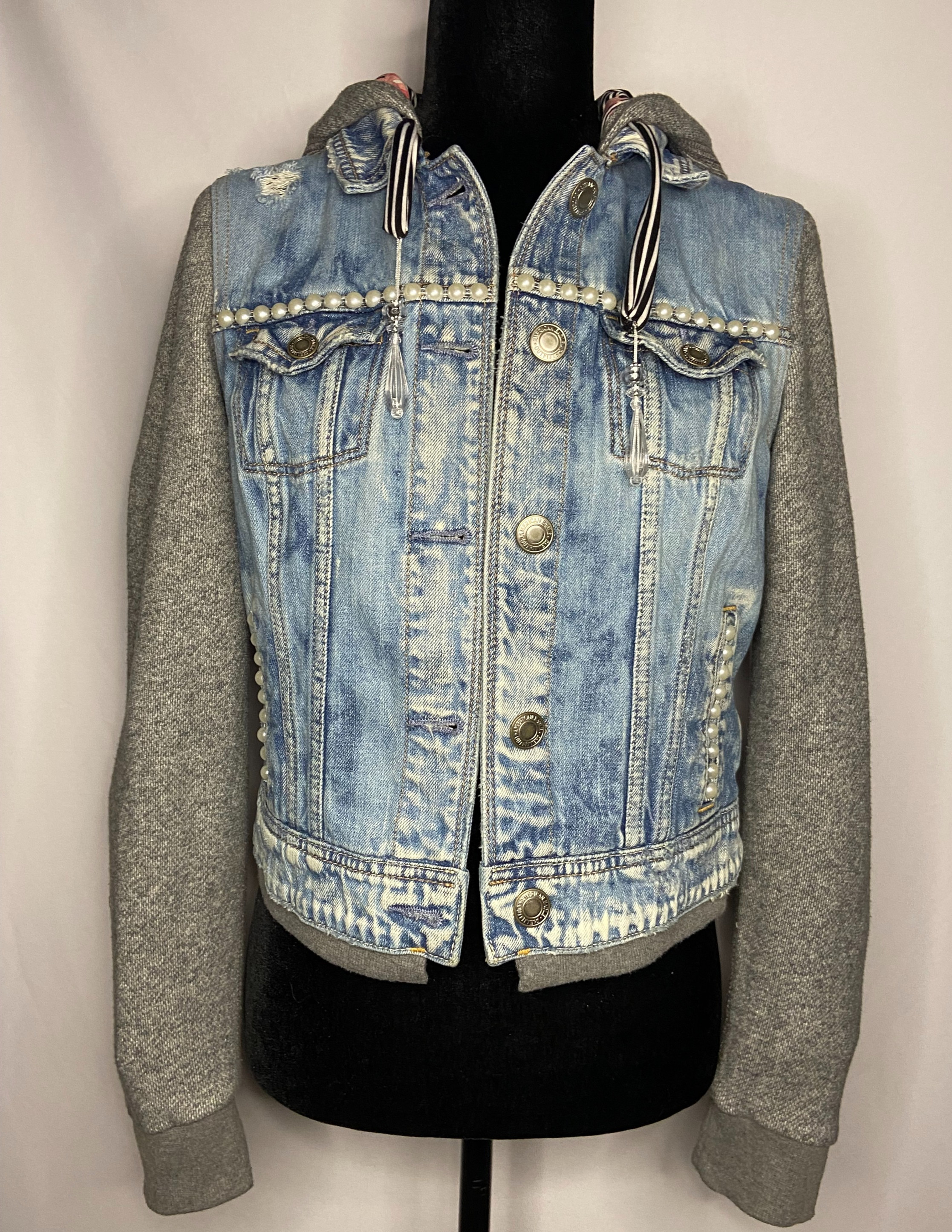 Upcycled Boho "Pink Roses and Stripes" Denim Jacket