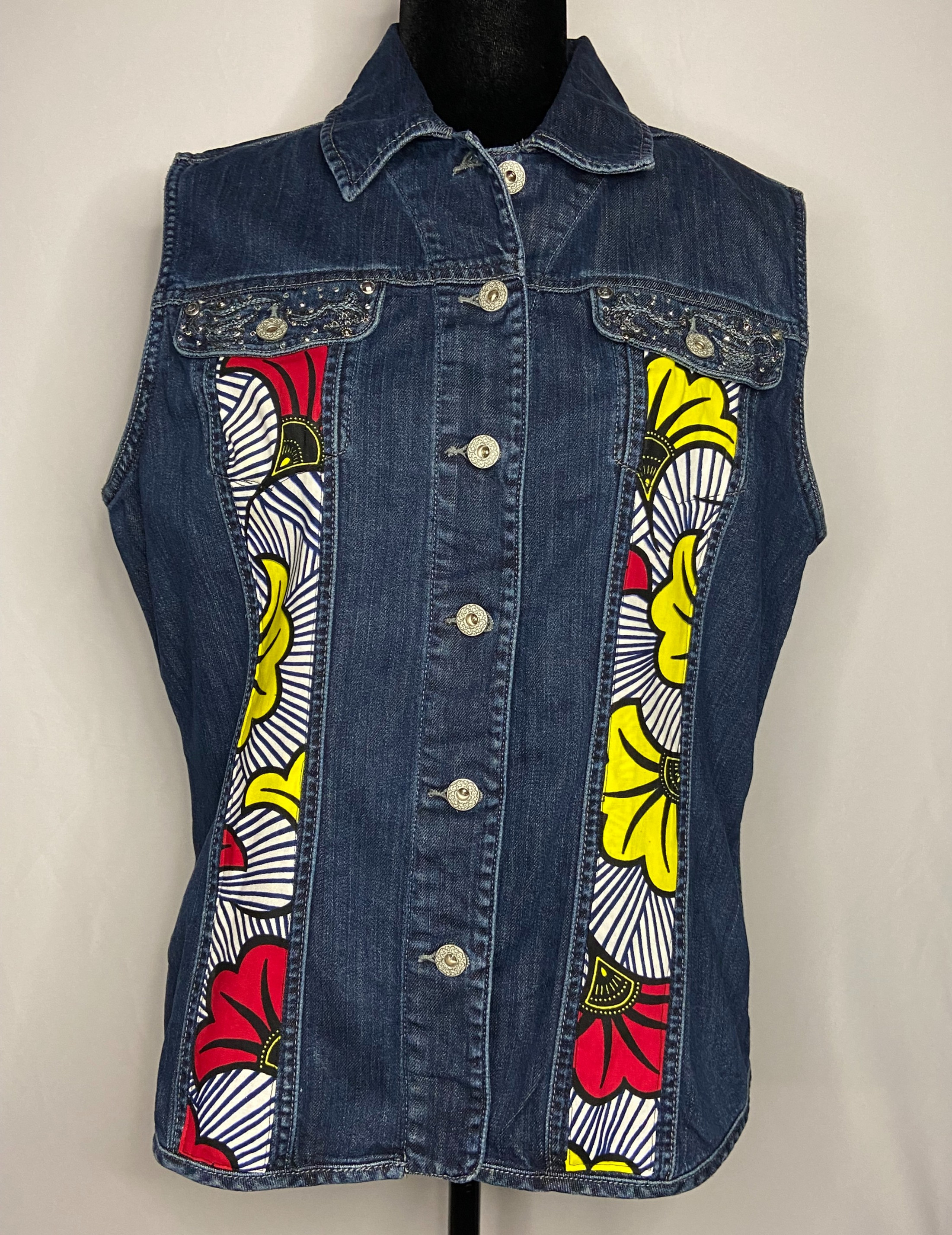 Upcycled "Ankara Flower" Denim Vest