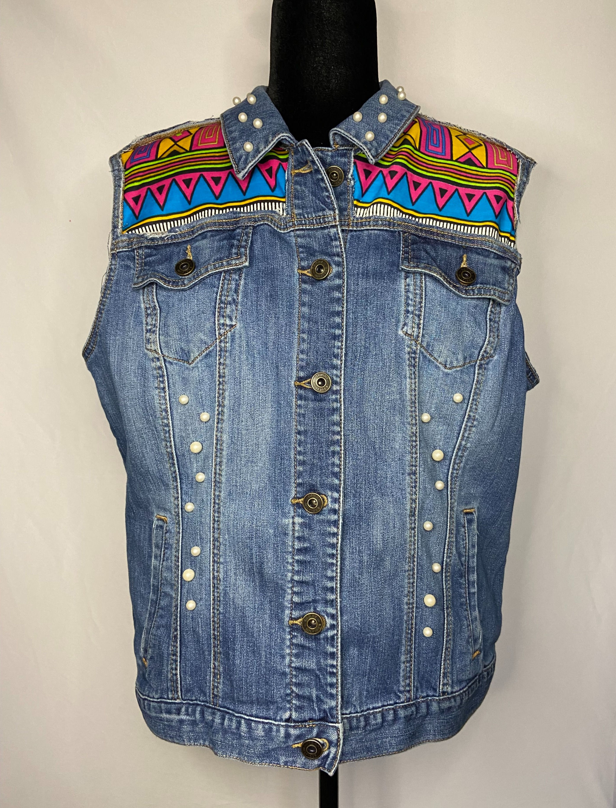 Upcycled Ankara Print Denim Vest