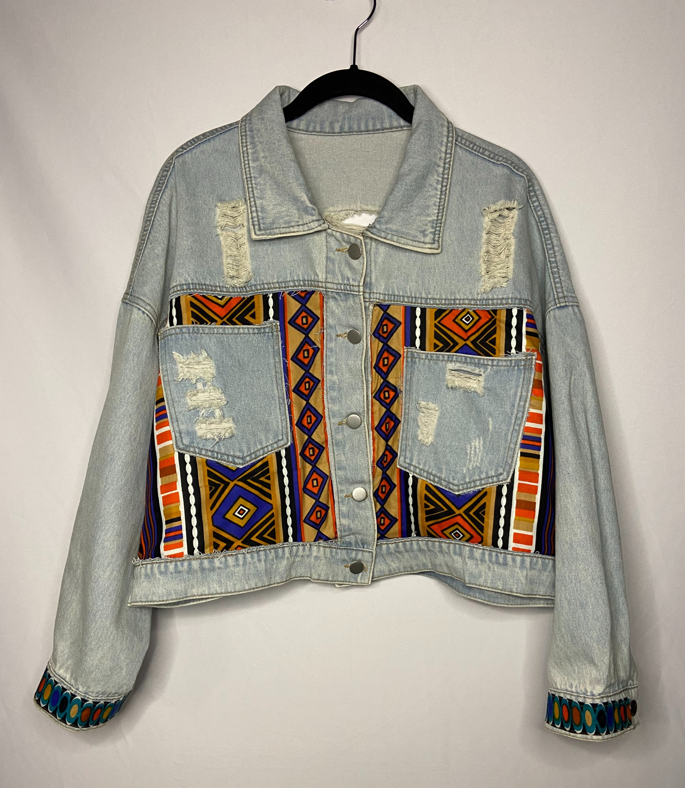 Upcycled "Ankara Hamsa" Plus Size Denim Jacket