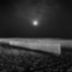 A wooden slat fence in perspective on a moonlit beach with the moon centered in the dark sky in black and white.