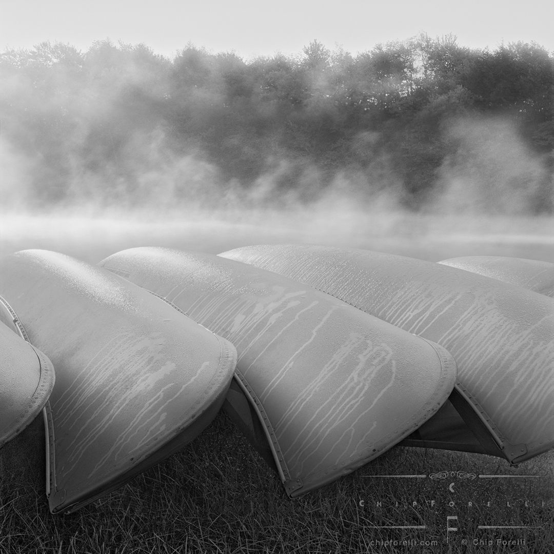 Upside down metal canoes, dripping with condensation next to a fog shrouded lake with misty trees in the background in B & W.