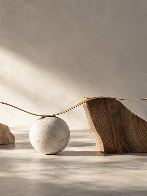 A curved bronze-toned line spans uneven stone, wood and spherical supports, preserving continuity across different forms.