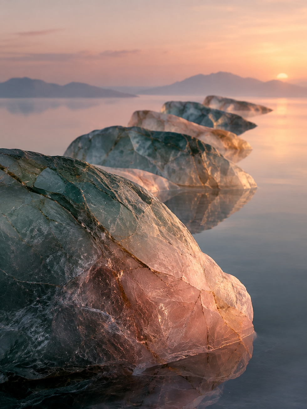 Translucent stones with layered traces receding across still water at sunset.