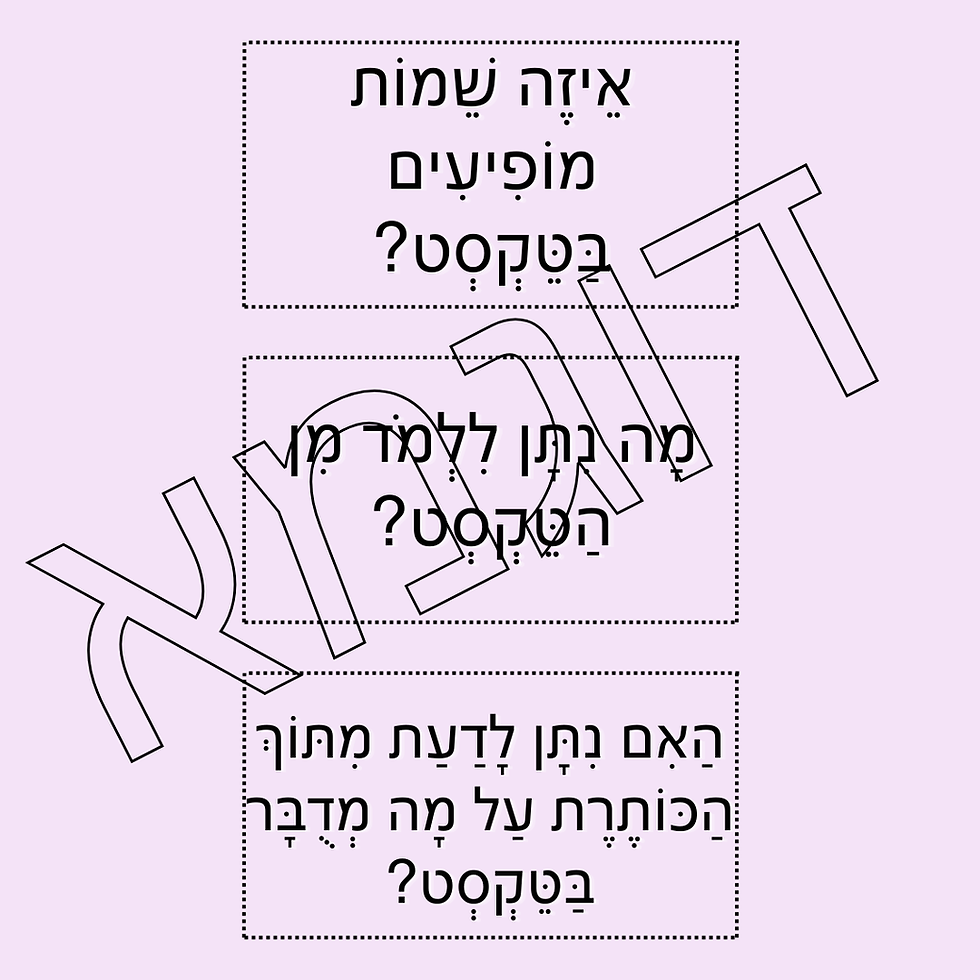 תמונה ממוזערת: דוגמה מתוך הפעילות - שלוש כרטיסיות קיימות בקובץ זה עם שאלות אודות טקסטים