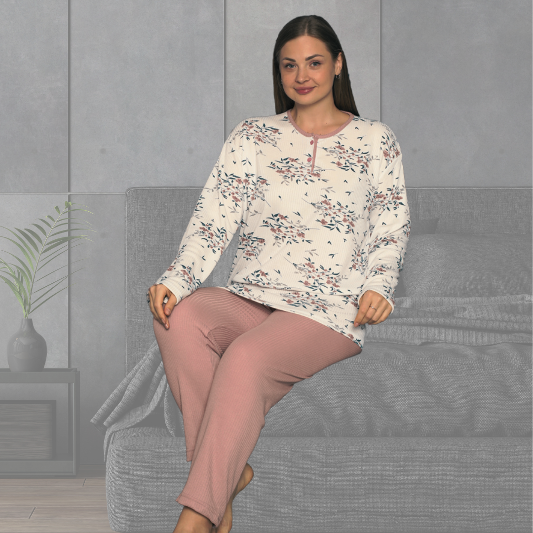 2XL/5XL Gül Kurusu Rengi Çiçek Desenli İnterlok Büyük Beden Kadın Kışlık Pijama
