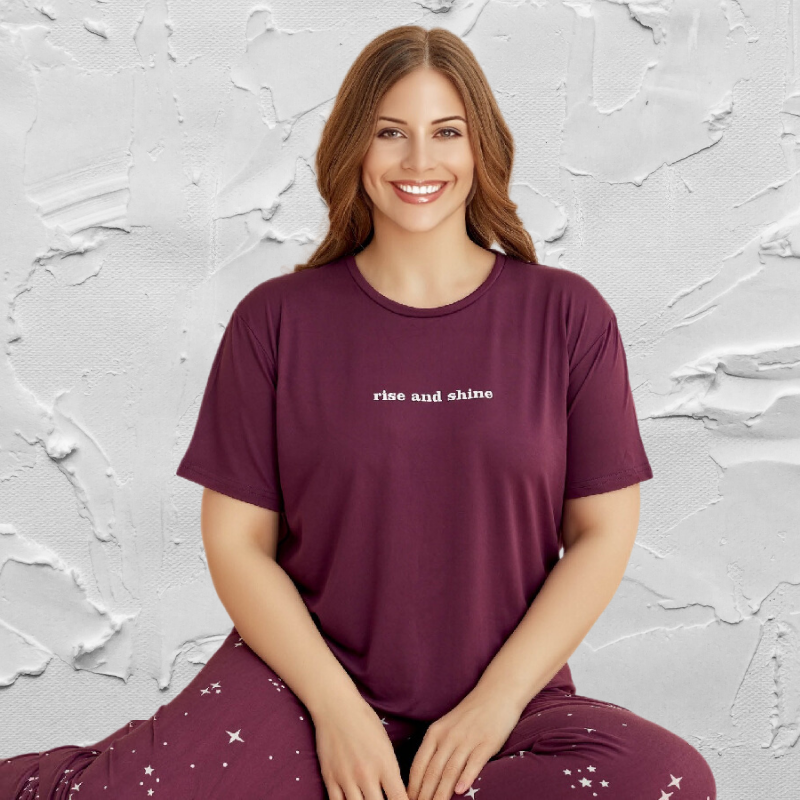 3XL/5XL Mürdüm Rengi Pamuk Penye Kumaştan Büyük Beden Kadın Yazlık Pijama Takımı