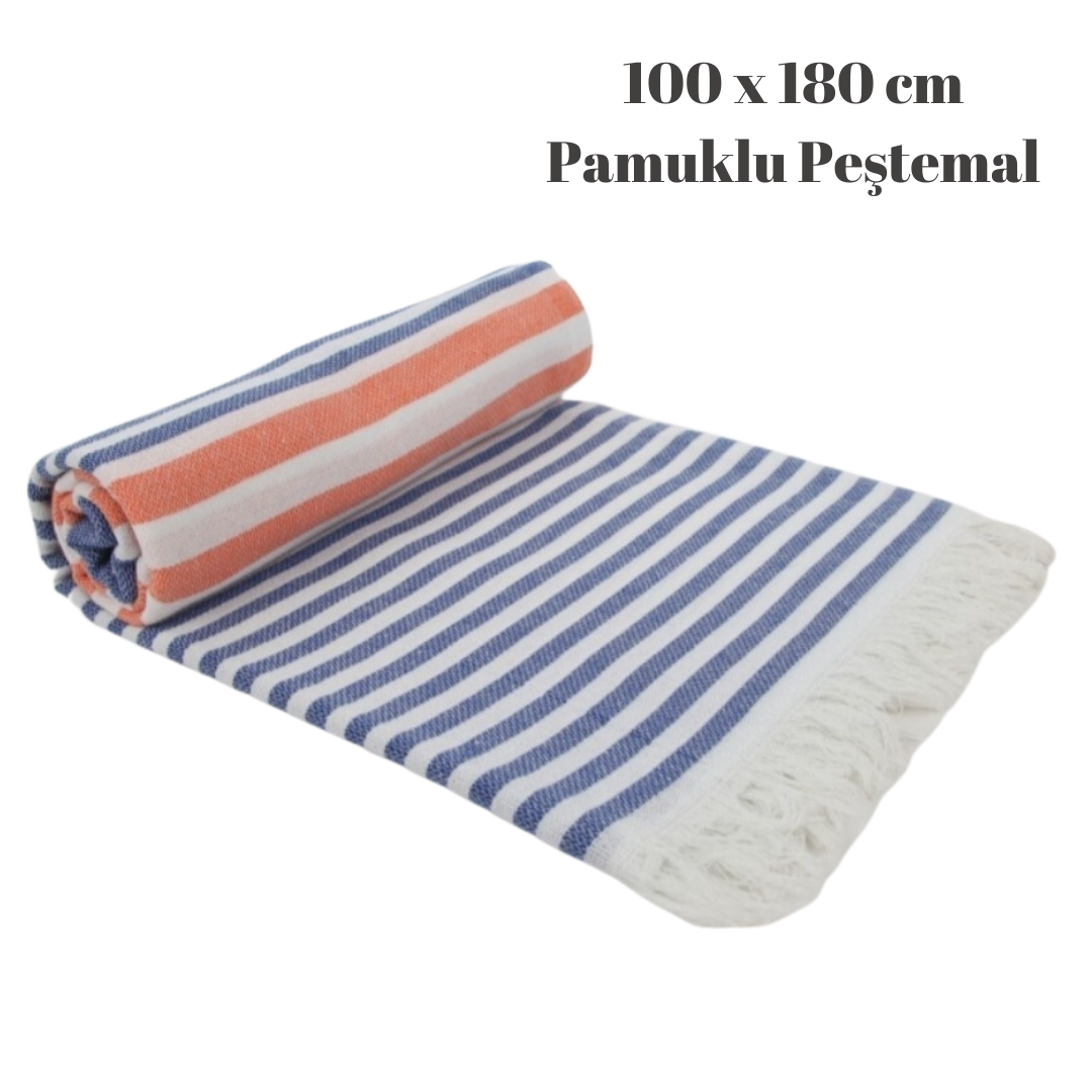 100x180cm Lacivert Turuncu Beyaz Çizgili Paradise Pamuk Peştemal