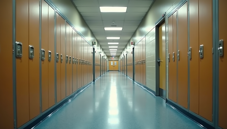Eye-level view of an empty school hallway with lockers and classroom doors