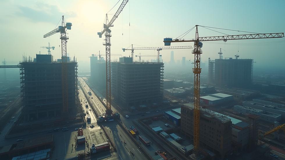 High angle view of commercial building construction site with cranes
