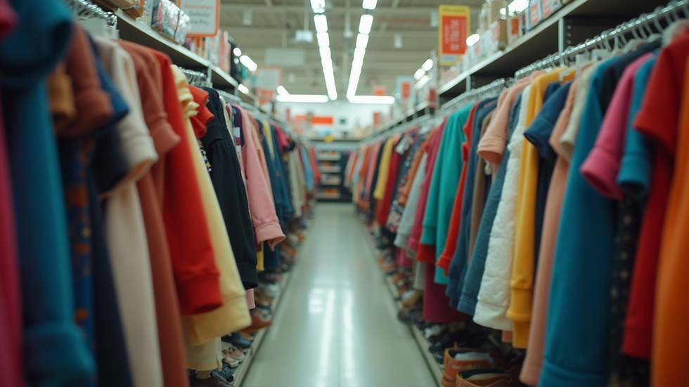 Eye-level view of a thrift store aisle filled with colorful clothing