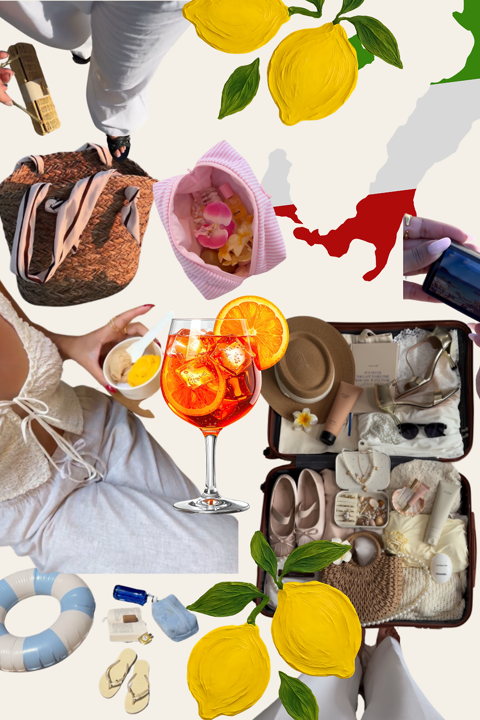Vacation essentials collage: cocktail, suitcase with clothes, woven bag, lemons, beachwear, gelato, phone with map, and Italy map background. Relaxed vibe.
