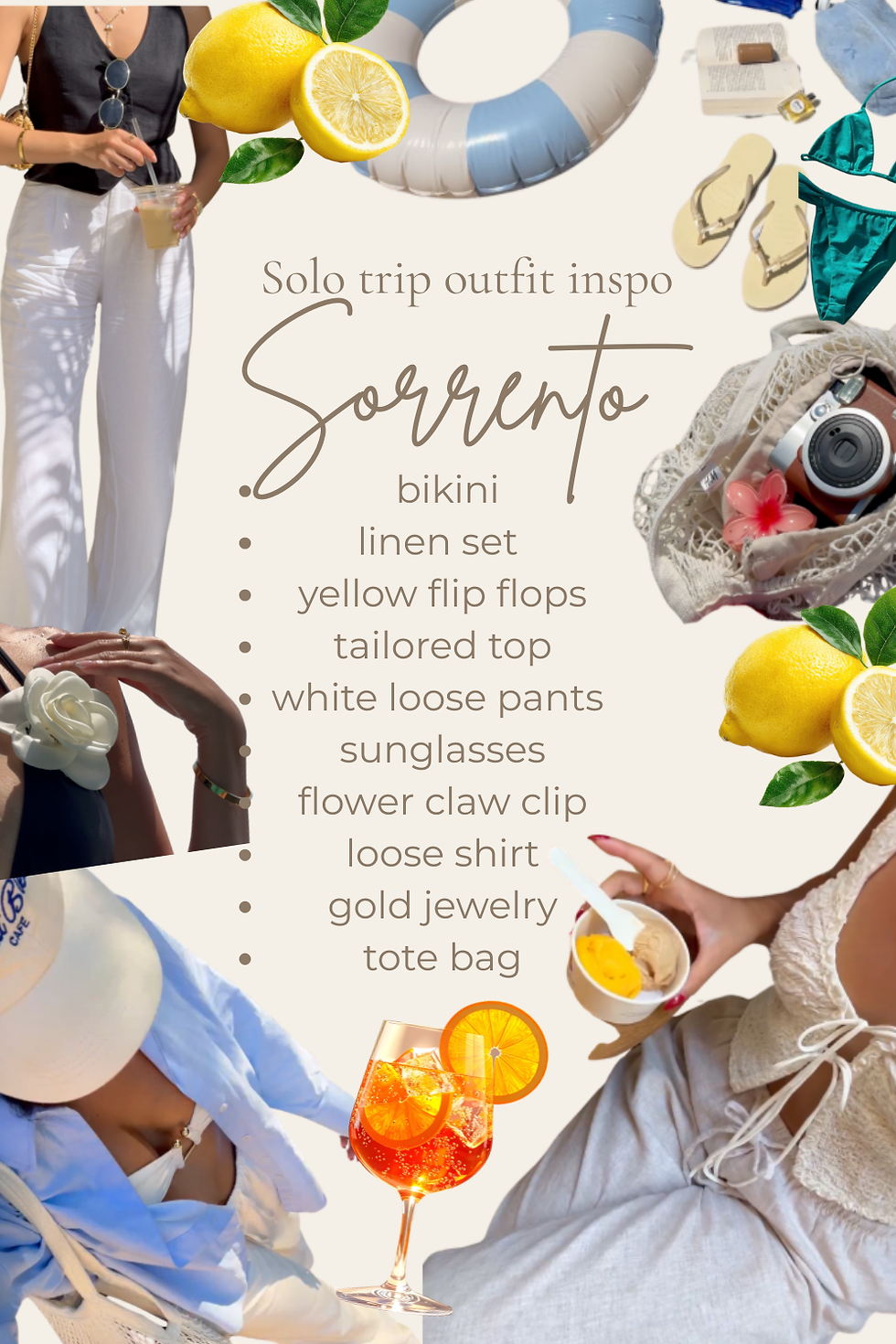 Vacation-themed collage titled "Sorrento": items like bikini, lemons, sunglasses, ice cream, and drinks. Pastel background with travel attire list.